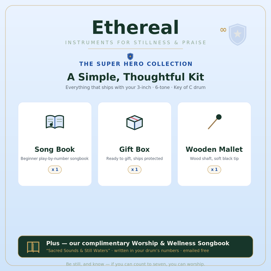 Ethereal super hero kit — 3-inch drum, songbook, mallets, and carrying box