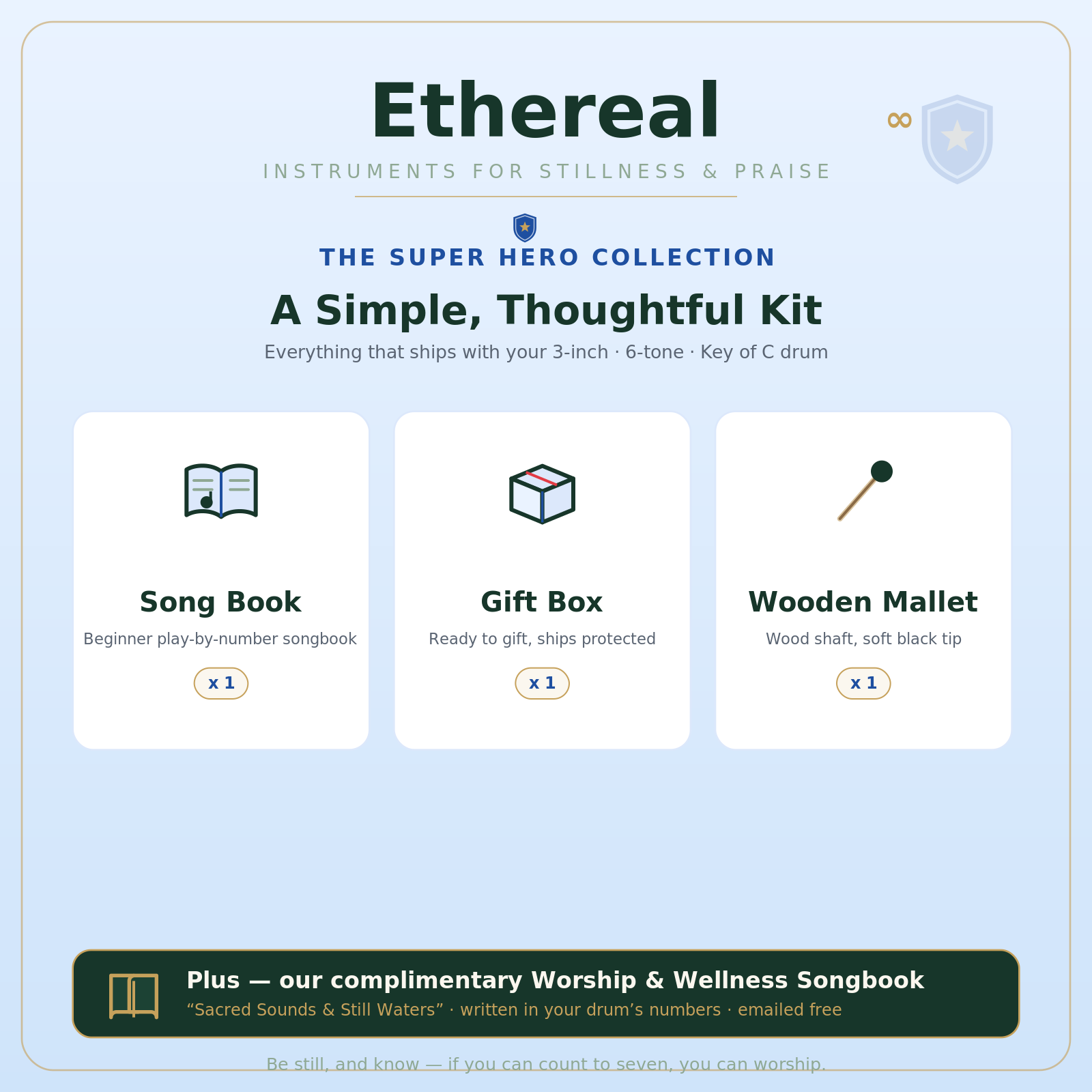 Ethereal super hero kit — 3-inch drum, songbook, mallets, and carrying box