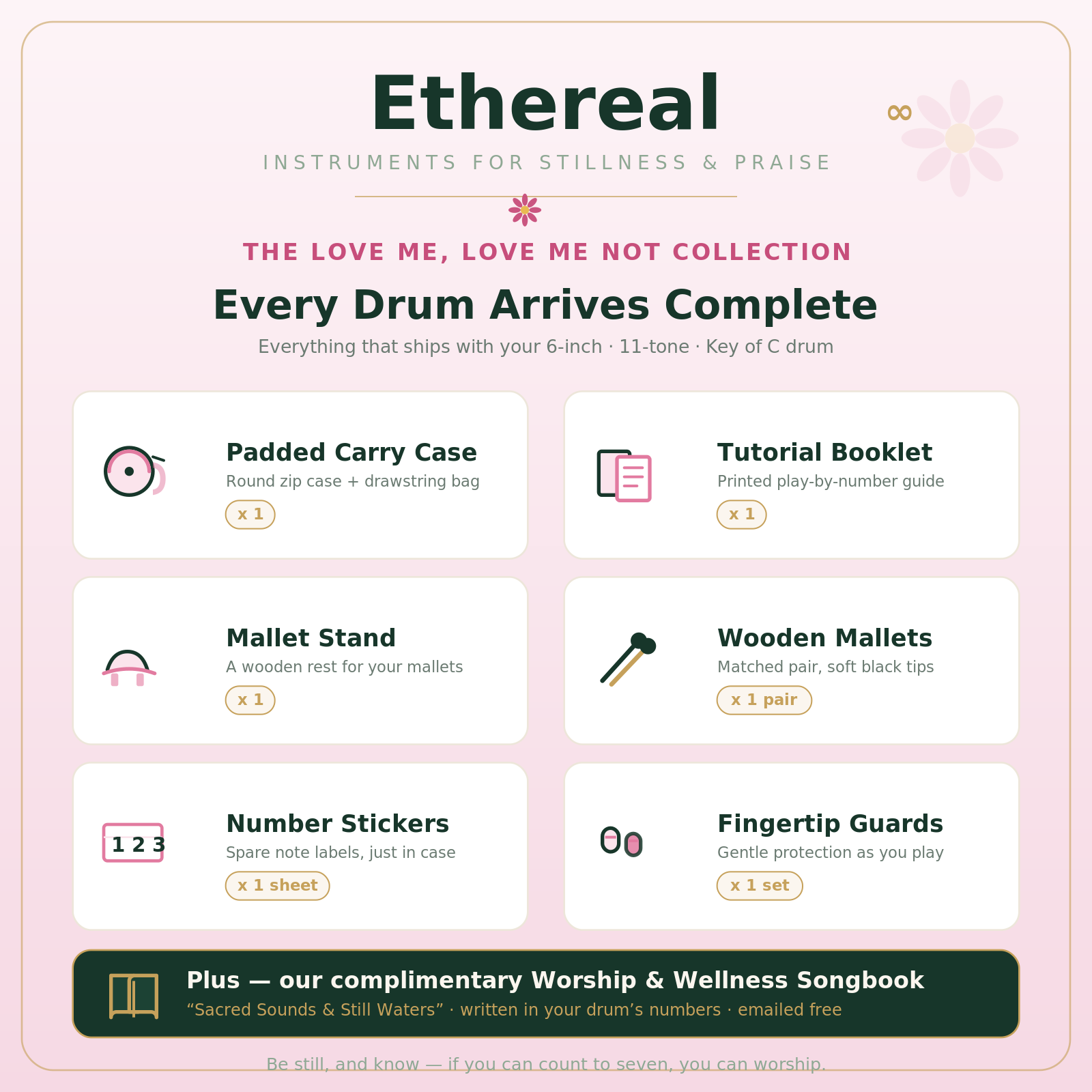 Ethereal Love Me Love Me Not kit — 6-inch drum, case, tutorial booklet, mallets, stickers, and fingertip guards