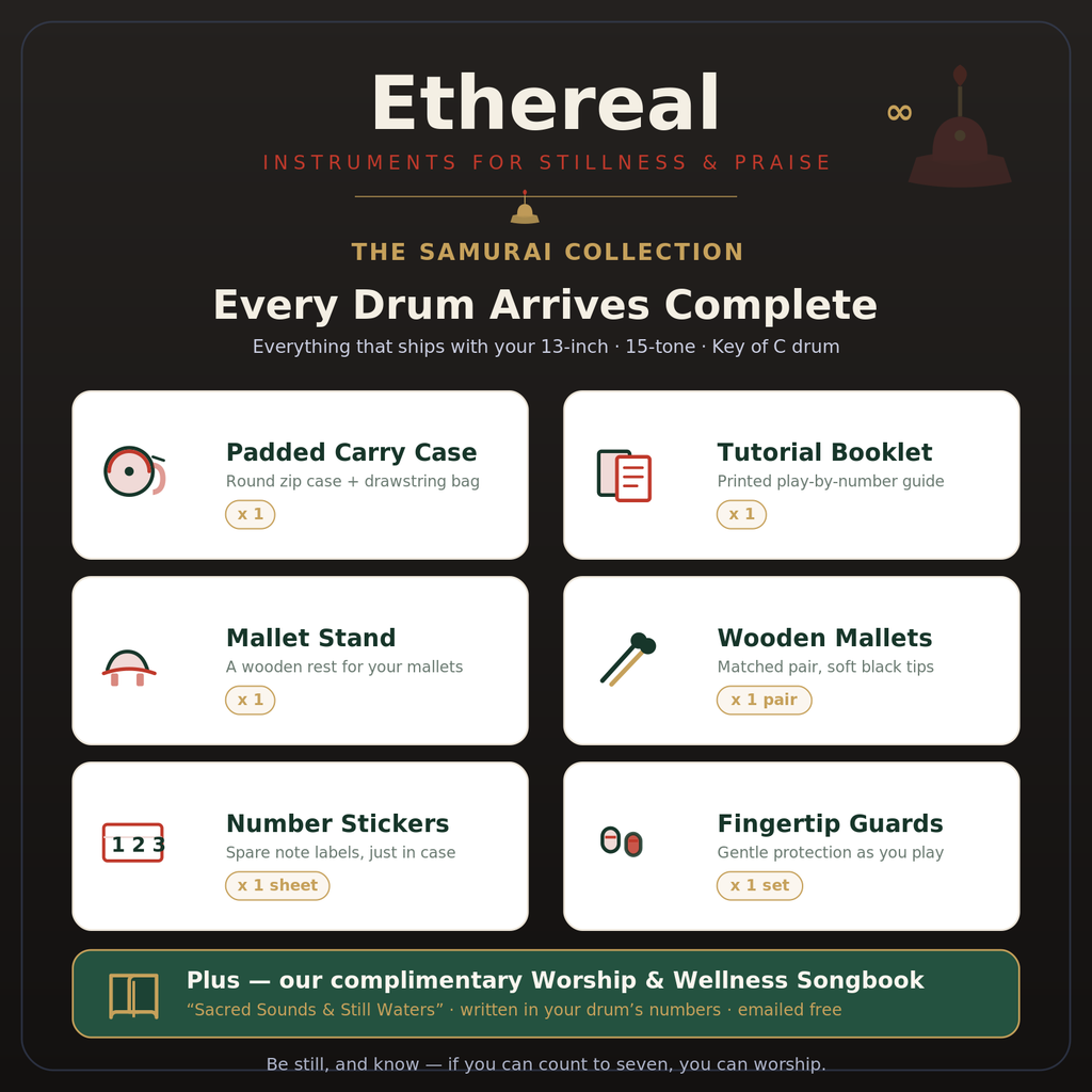 Ethereal samurai kit — 6-inch drum, songbook, mallets, and carrying box