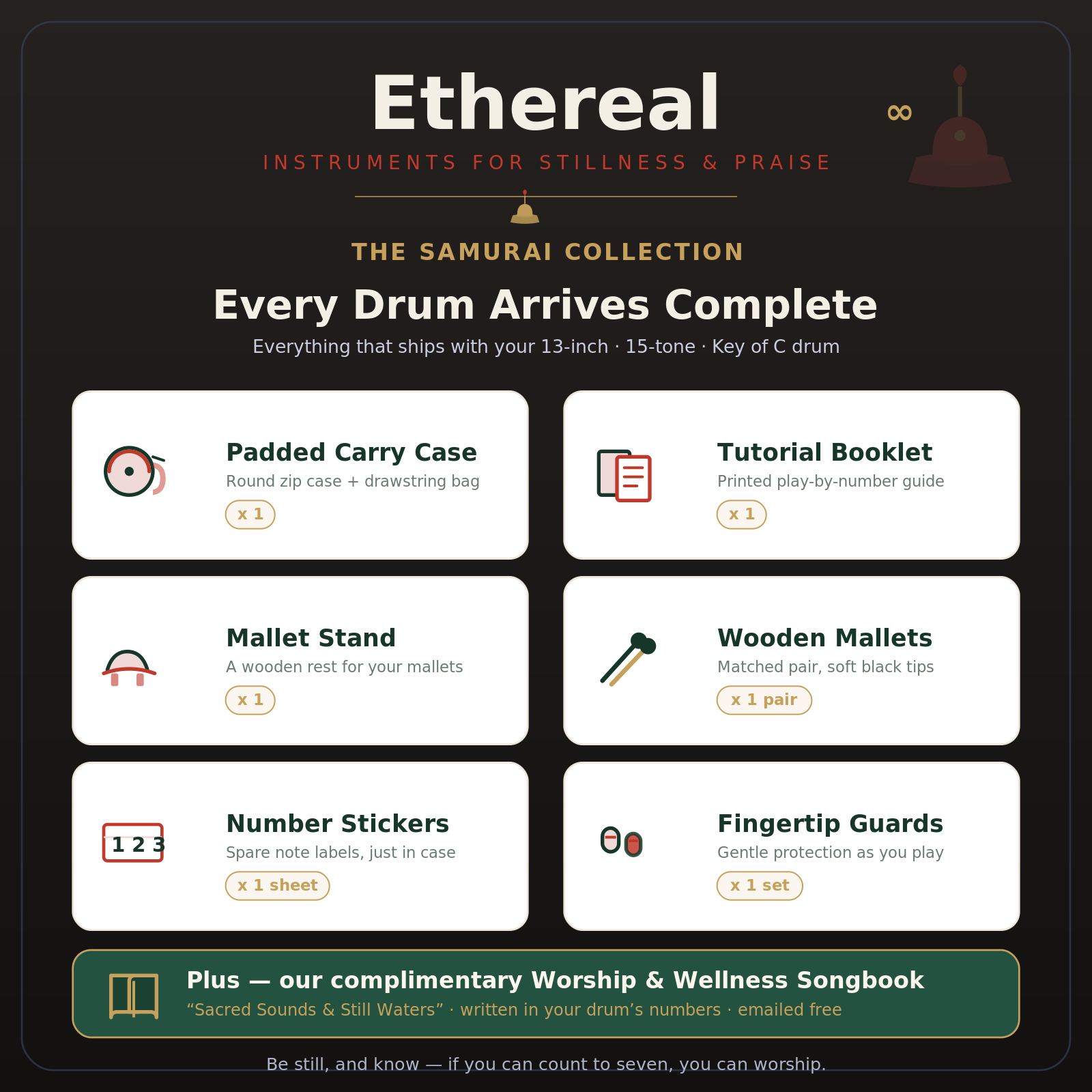 Ethereal samurai kit — 6-inch drum, songbook, mallets, and carrying box