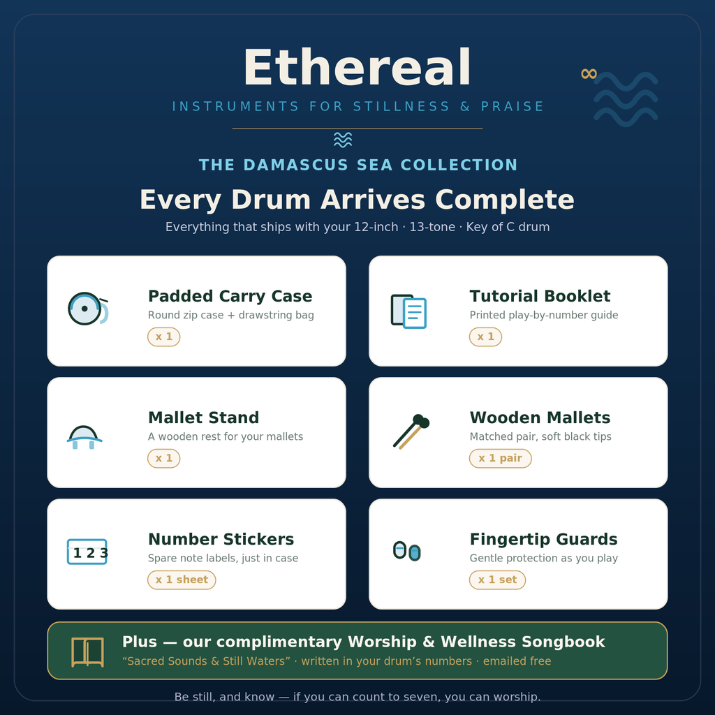 Ethereal demascus kit — 12-inch drum, songbook, mallets, and carrying box
