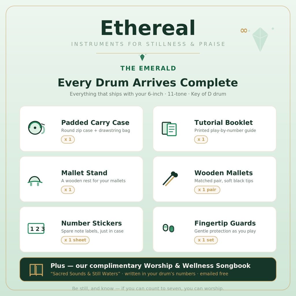 Ethereal emerald kit — 6-inch drum, songbook, mallets, and carrying box