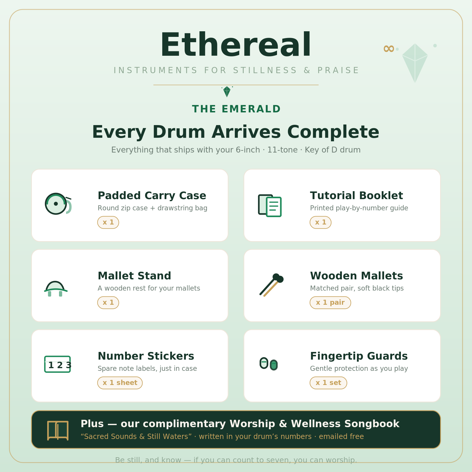 Ethereal emerald kit — 6-inch drum, songbook, mallets, and carrying box