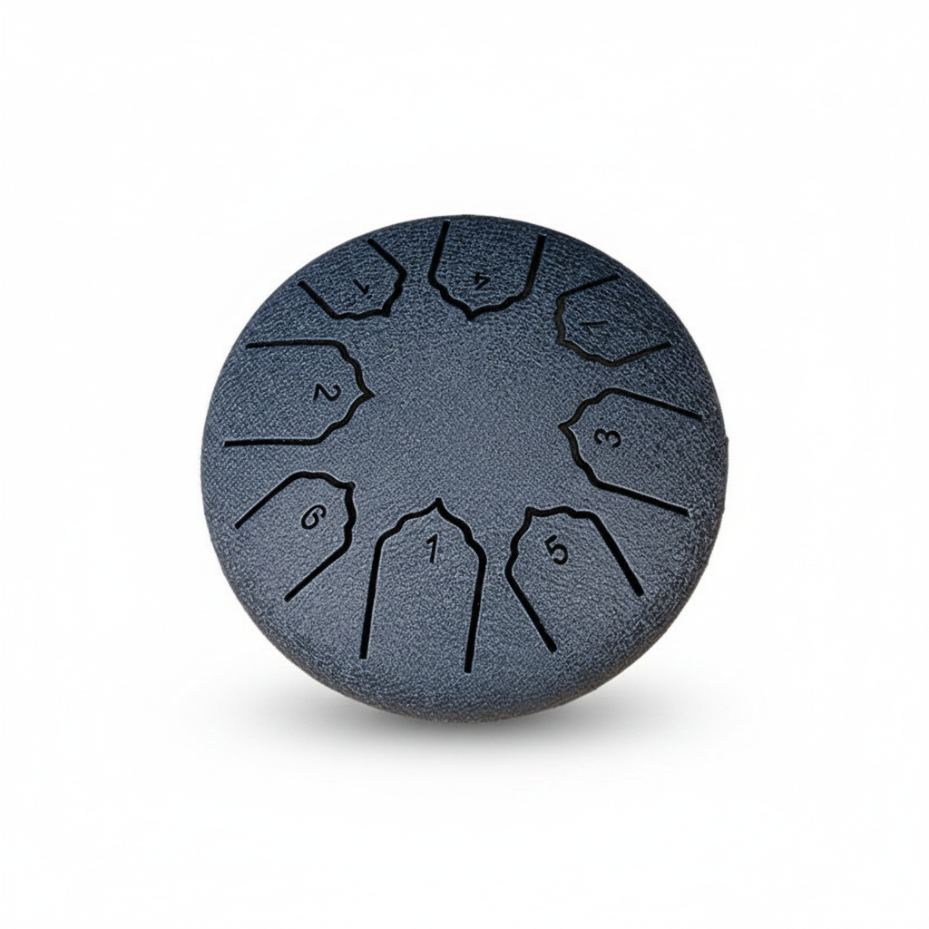 A steel drum handpan with a textured dark gray finish, featuring numbered segments from 1 to 7 around the outer rim, shown on a clean white background.